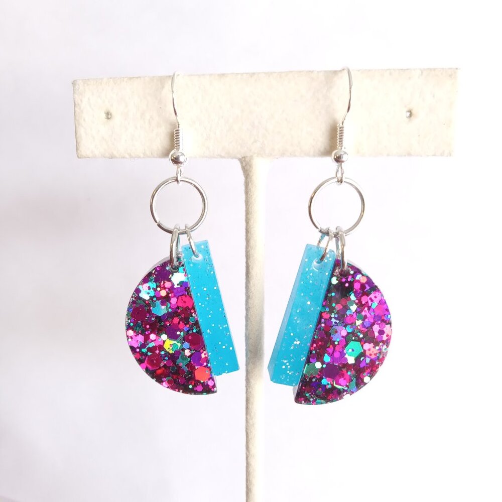 Sterling silver blue and purple glitter geo art deco dangle earrings new resin - Picture 2 of 6